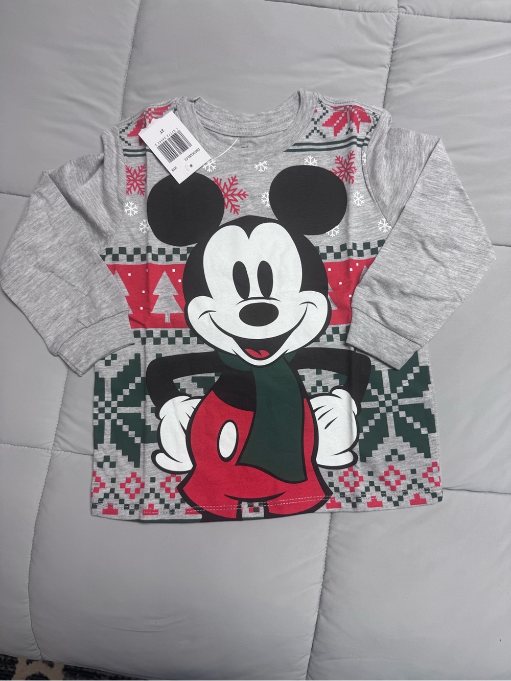 Disney Grey Long-Sleeve Mickey Mouse Holiday Tee with Red and Green Accents